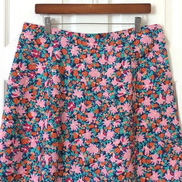 Loft Bright Daisy Linen Blend High Waisted Side Slit A-Line Midi Skirt Pink 12P