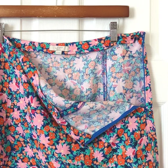 Loft Bright Daisy Linen Blend High Waisted Side Slit A-Line Midi Skirt Pink 12P