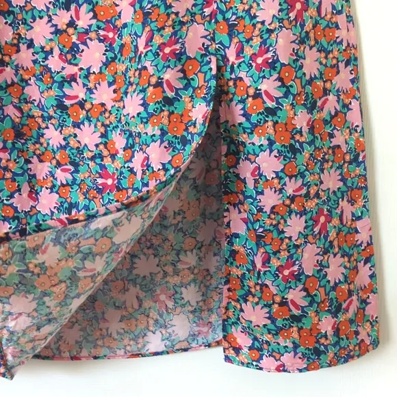 Loft Bright Daisy Linen Blend High Waisted Side Slit A-Line Midi Skirt Pink 12P