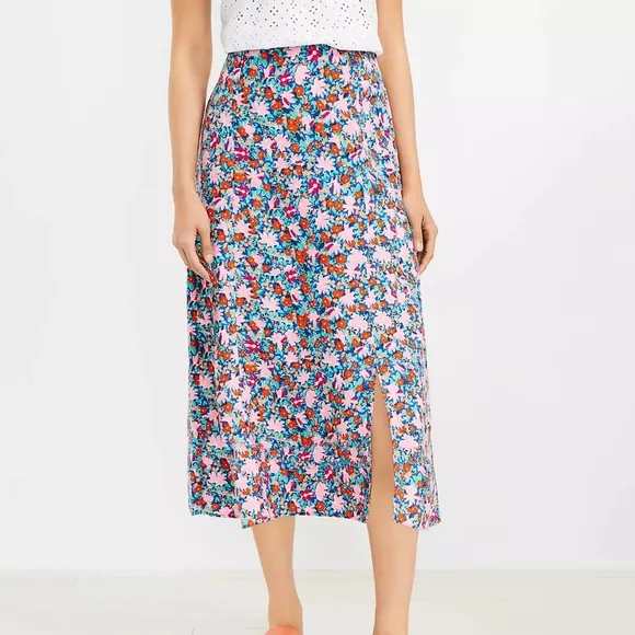 Loft Bright Daisy Linen Blend High Waisted Side Slit A-Line Midi Skirt Pink 12P