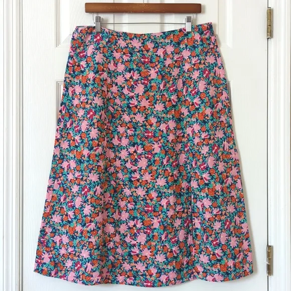 Loft Bright Daisy Linen Blend High Waisted Side Slit A-Line Midi Skirt Pink 12P