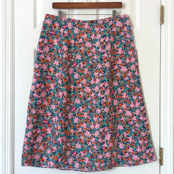 Loft Bright Daisy Linen Blend High Waisted Side Slit A-Line Midi Skirt Pink 12P