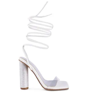 London Rag Scansta Lace-up Diamante Women's High Heel Sandals - 9 - White - NIB