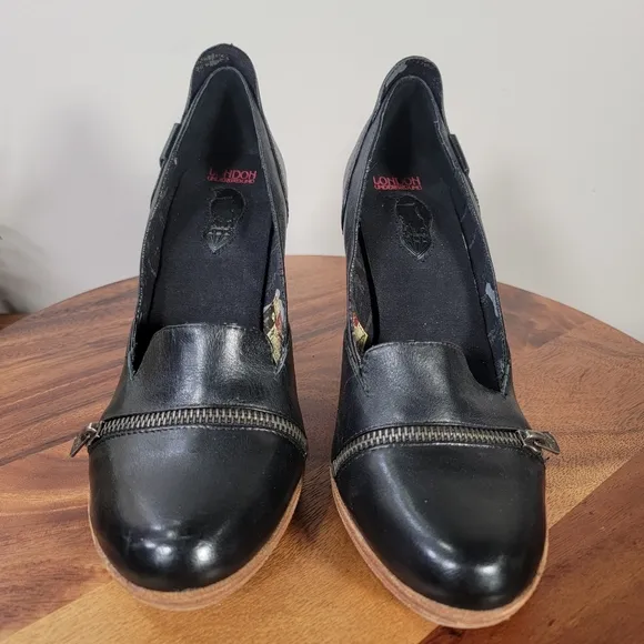 London Underground Black Leather Heeled Loafers With Zipper Accent Size 9
