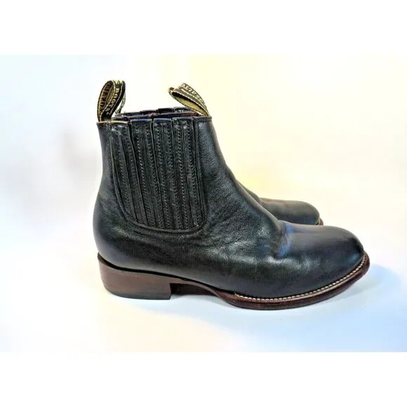 Los Altos Black Leather Moto Boots Pull On Almond Toe Handmade Men's 7.5M