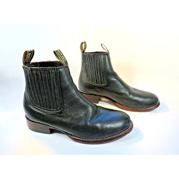 Los Altos Black Leather Moto Boots Pull On Almond Toe Handmade Men's 7.5M