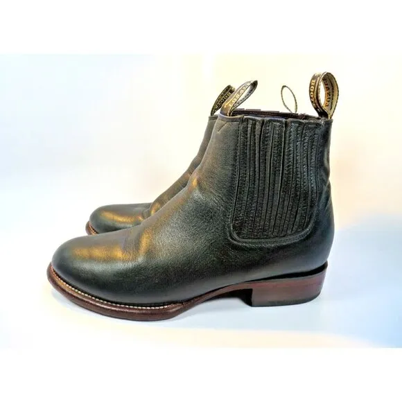 Los Altos Black Leather Moto Boots Pull On Almond Toe Handmade Men's 7.5M
