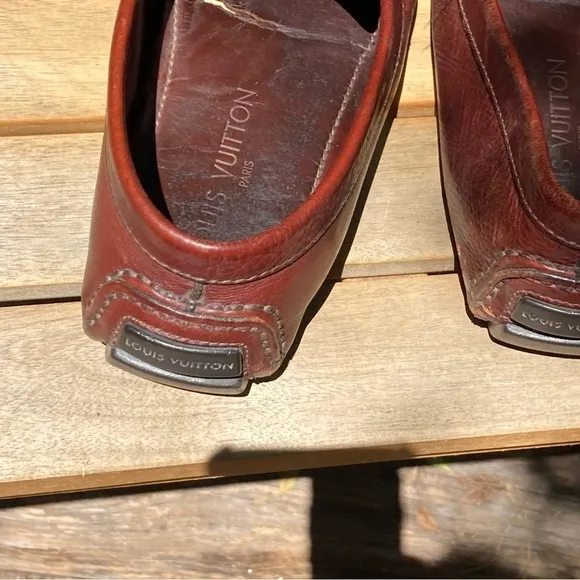 LOUIS VUITTON SUHALI LOMBOKDRIVING LOAFERS COGNAC BROWN LEATHER MENS 6.5 FIT 10