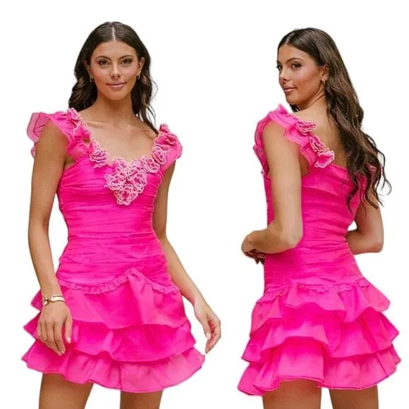 Loveshackfancy Sheer Roses Tiered Ruffled Filmy Chaya Dress Sz 8 NWT Flirty Fuch