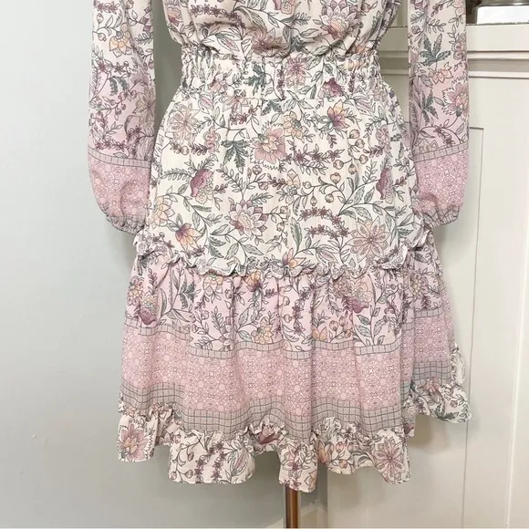 LOVESTITCH Pink Floral Ruffle Off-Shoulder Boho Mini Dress Small Nwt