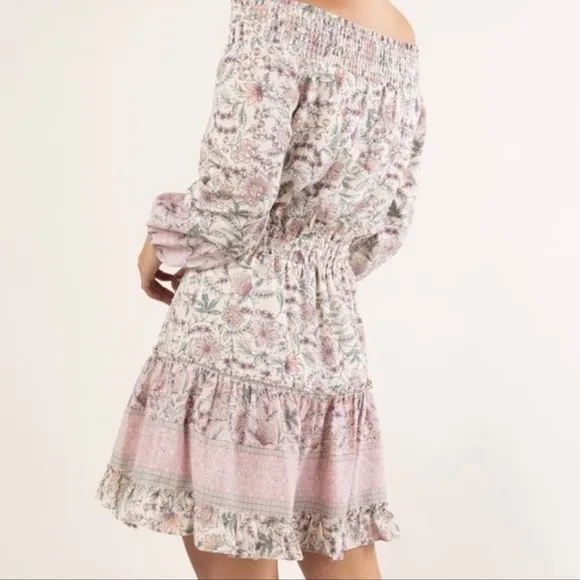 LOVESTITCH Pink Floral Ruffle Off-Shoulder Boho Mini Dress Small Nwt