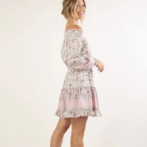 LOVESTITCH Pink Floral Ruffle Off-Shoulder Boho Mini Dress Small Nwt