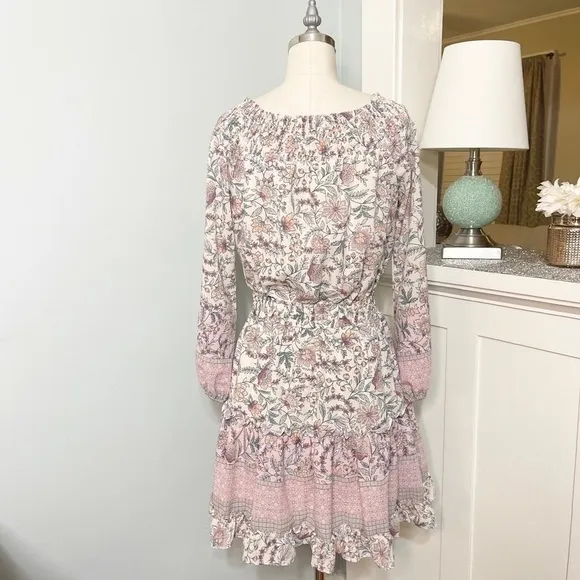 LOVESTITCH Pink Floral Ruffle Off-Shoulder Boho Mini Dress Small Nwt
