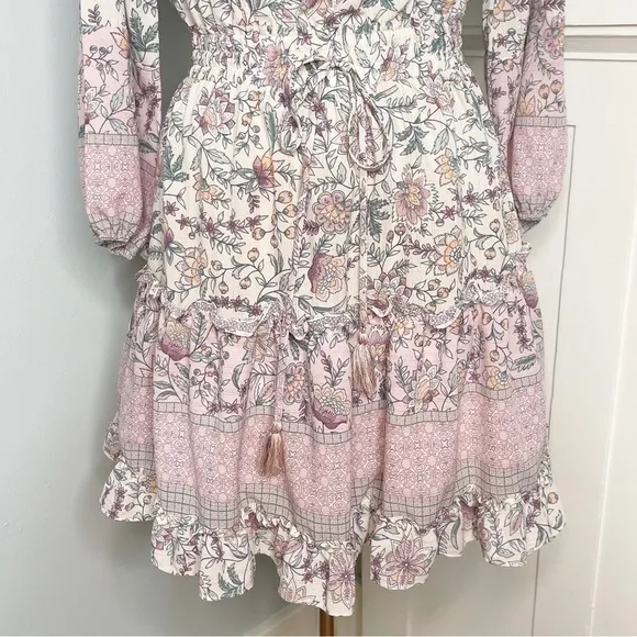 LOVESTITCH Pink Floral Ruffle Off-Shoulder Boho Mini Dress Small Nwt