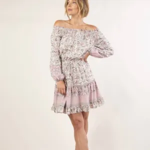 LOVESTITCH Pink Floral Ruffle Off-Shoulder Boho Mini Dress Small Nwt