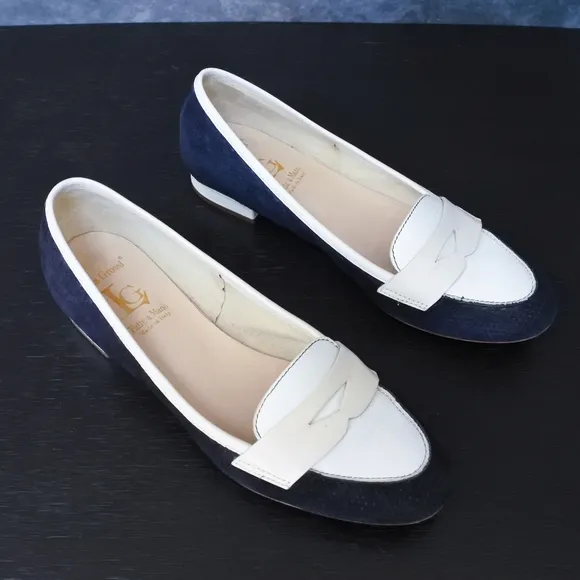 Luca Grossi Navy Blue White Suede Leather Loafers Size 38