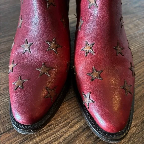 LUCCHESE Leather Embroidered Stars Ankle Western Pull-On Heeled Boots 7B -Narrow