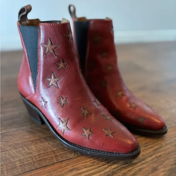 LUCCHESE Leather Embroidered Stars Ankle Western Pull-On Heeled Boots 7B -Narrow