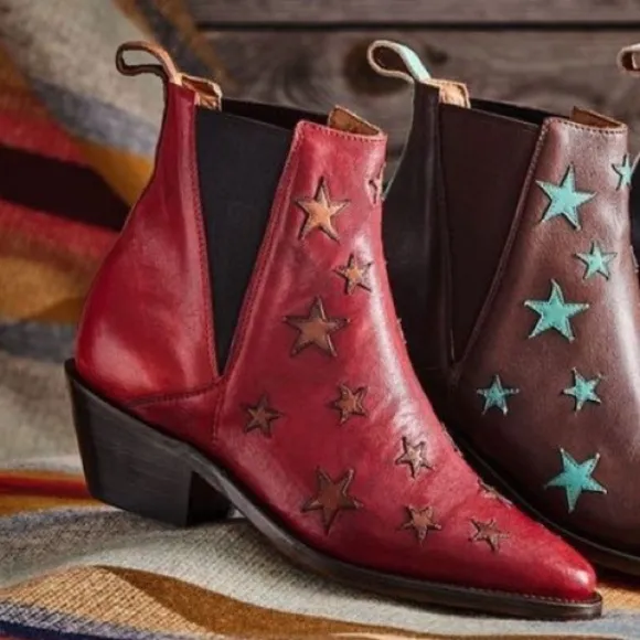 LUCCHESE Leather Embroidered Stars Ankle Western Pull-On Heeled Boots 7B -Narrow