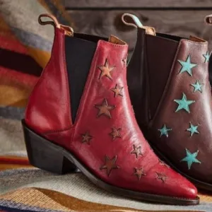LUCCHESE Leather Embroidered Stars Ankle Western Pull-On Heeled Boots 7B -Narrow