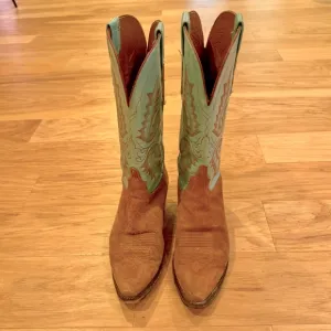 Lucchese Turquoise Teal and Suede 1883 Cowboy Cowgirl Boots Western Topstitched