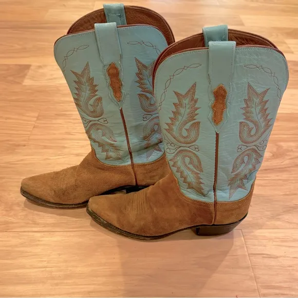 Lucchese Turquoise Teal and Suede 1883 Cowboy Cowgirl Boots Western Topstitched