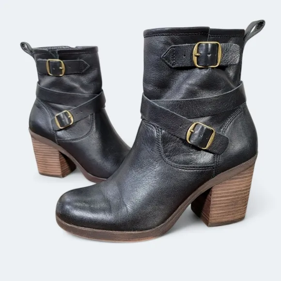 Lucky Brand Orenzo Black Leather Boots with Buckle Detail Size 8