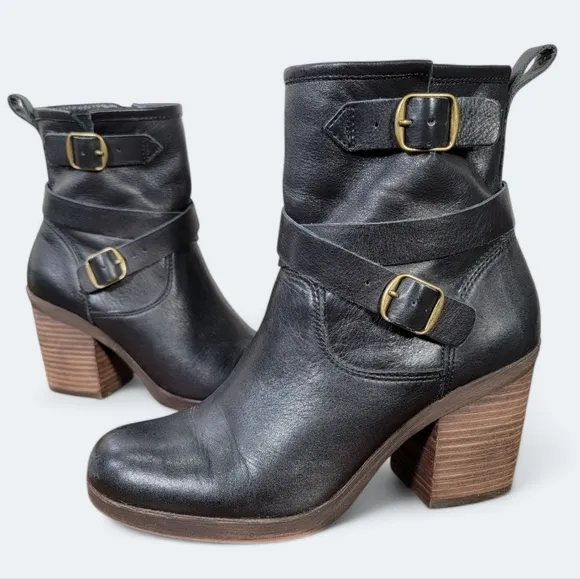 Lucky Brand Orenzo Black Leather Boots with Buckle Detail Size 8