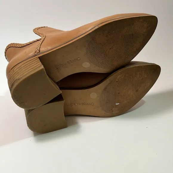 Lucky Brand Tan Latte Terisha Slip-On Heeled Ankle Bootie Leather Boots Size 6.5