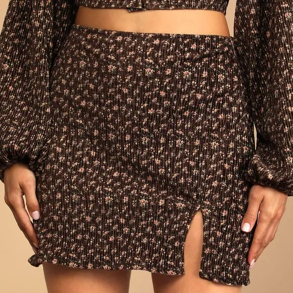 Lulus Certain Love Ribbed Brown Floral Long Sleeve Crop Top &amp; Mini Skirt Set S