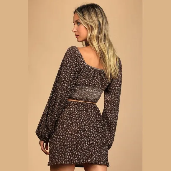 Lulus Certain Love Ribbed Brown Floral Long Sleeve Crop Top &amp; Mini Skirt Set S
