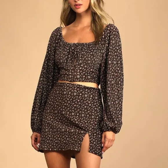 Lulus Certain Love Ribbed Brown Floral Long Sleeve Crop Top &amp; Mini Skirt Set S