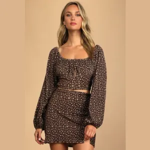 Lulus Certain Love Ribbed Brown Floral Long Sleeve Crop Top &amp; Mini Skirt Set S
