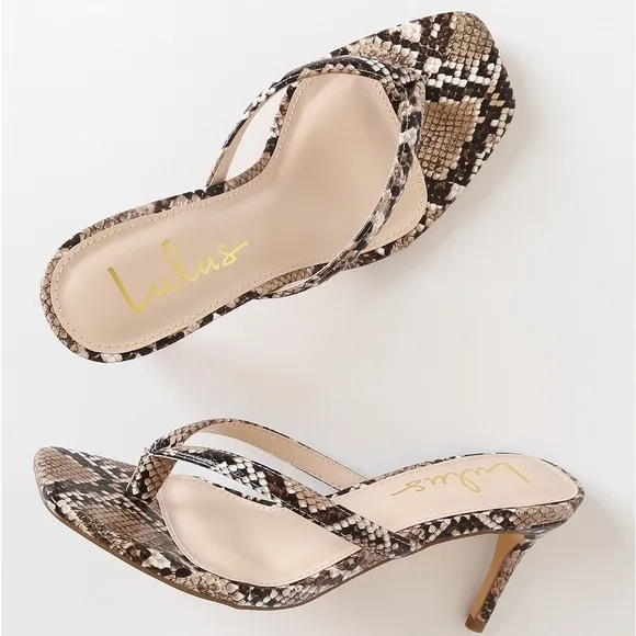 Lulu’s Tan Snake Print High Heel Sandals