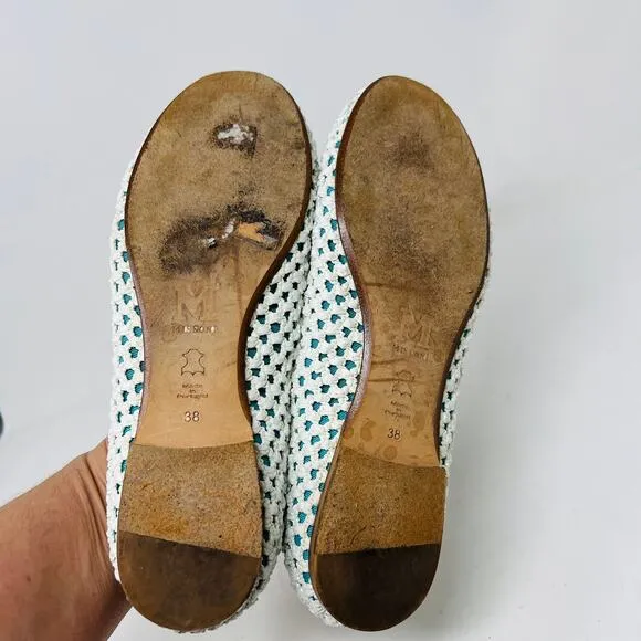 M x Missoni Ballet Flat Puff PomPom White Teal Cloth Casual Slip On - 38