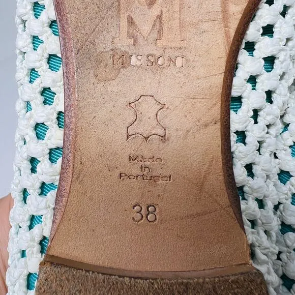 M x Missoni Ballet Flat Puff PomPom White Teal Cloth Casual Slip On - 38