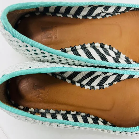 M x Missoni Ballet Flat Puff PomPom White Teal Cloth Casual Slip On - 38