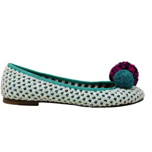 M x Missoni Ballet Flat Puff PomPom White Teal Cloth Casual Slip On - 38