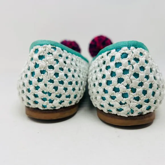 M x Missoni Ballet Flat Puff PomPom White Teal Cloth Casual Slip On - 38