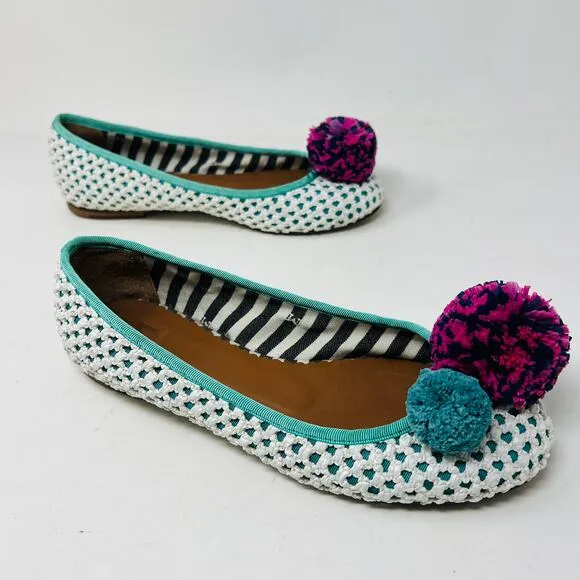 M x Missoni Ballet Flat Puff PomPom White Teal Cloth Casual Slip On - 38