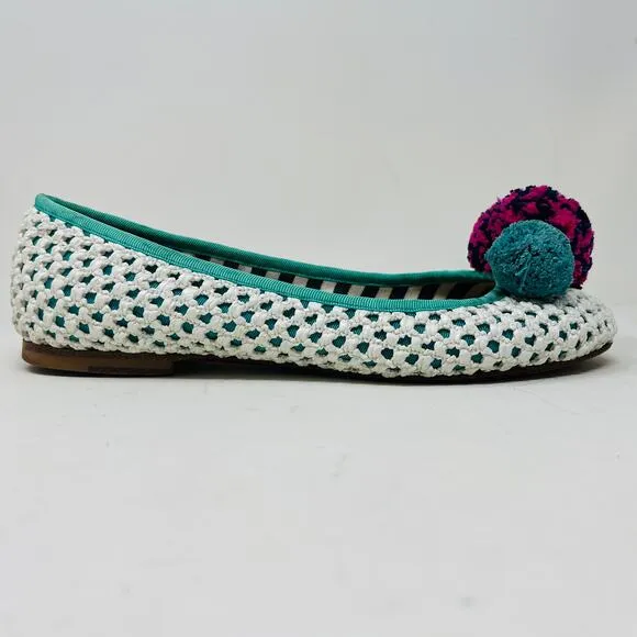 M x Missoni Ballet Flat Puff PomPom White Teal Cloth Casual Slip On - 38