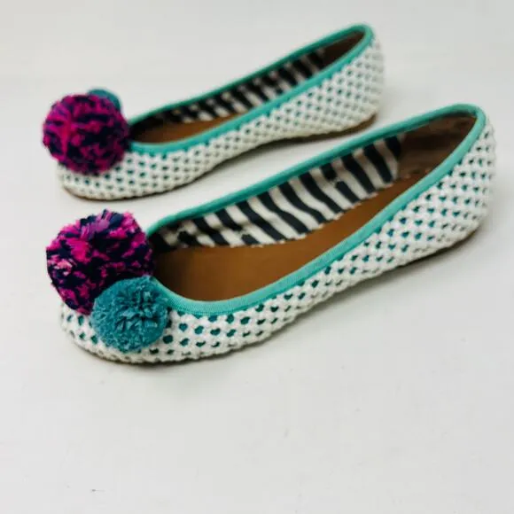 M x Missoni Ballet Flat Puff PomPom White Teal Cloth Casual Slip On - 38