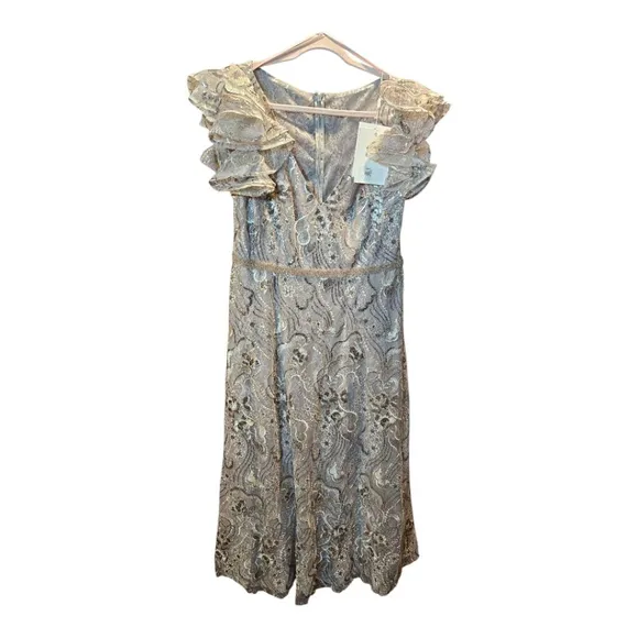 Mac Duggal Midi Dress Size 14 Taupe Lace Floral