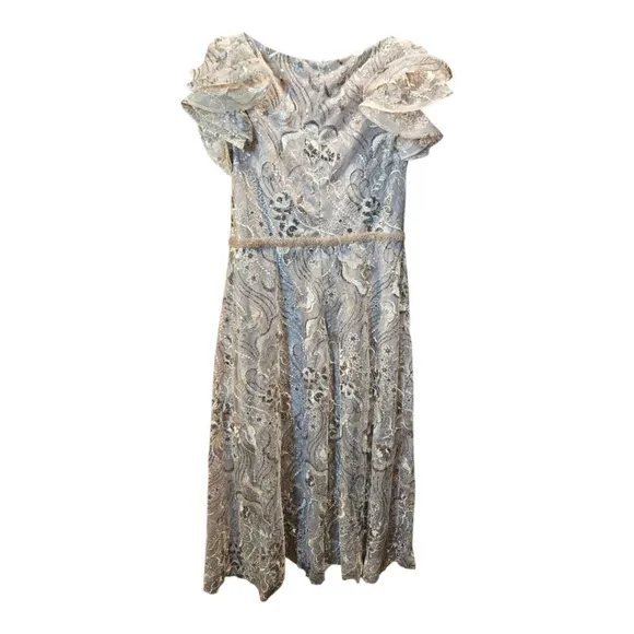 Mac Duggal Midi Dress Size 14 Taupe Lace Floral