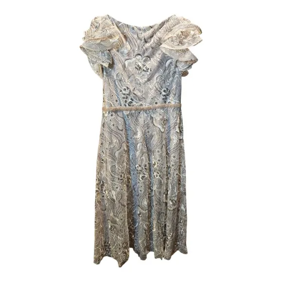 Mac Duggal Midi Dress Size 14 Taupe Lace Floral