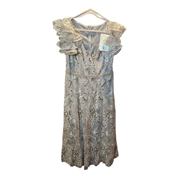 Mac Duggal Midi Dress Size 14 Taupe Lace Floral
