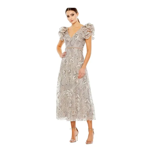 Mac Duggal Midi Dress Size 14 Taupe Lace Floral