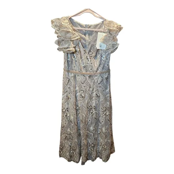 Mac Duggal Midi Dress Size 14 Taupe Lace Floral