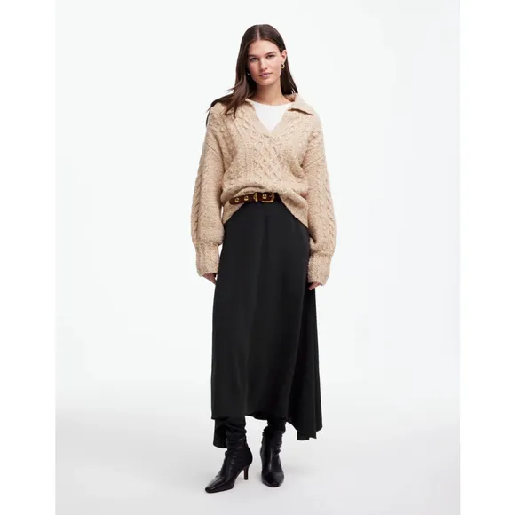 Madewell Asymmetric Midi Skirt Black 00 NWT Drapey Crepe High-Low Hem