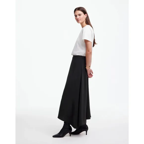 Madewell Asymmetric Midi Skirt Black 00 NWT Drapey Crepe High-Low Hem